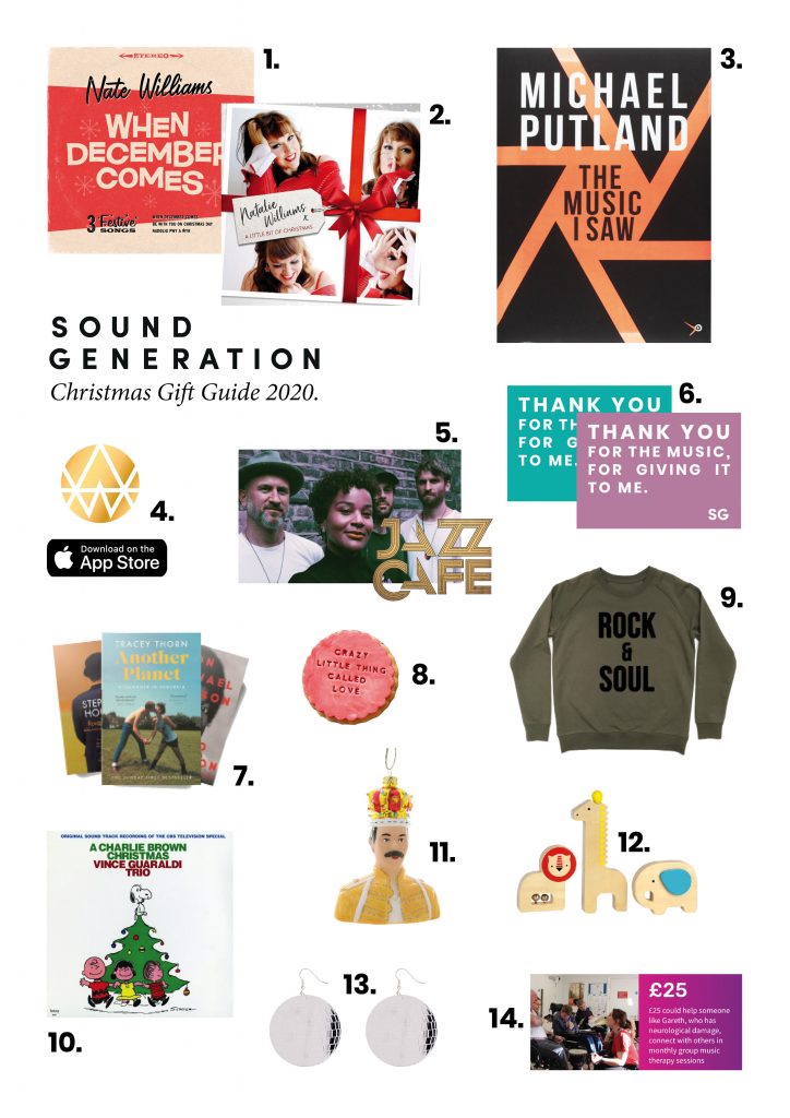 Selection of music inspired christmas gifts, including albums, books, gift vouchers, fashion and interiors.